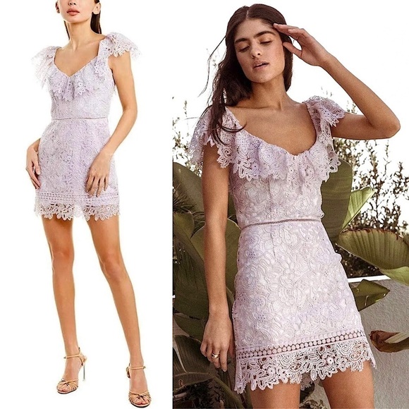 SAYLOR Lilac Floral Crochet Lace Ruffle V-Neck Short Sleeve Sheath Mini Dress S - Picture 1 of 8